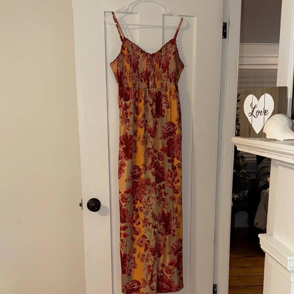 Floral Smocked Maxi Dress in Mustard and Burgundy
